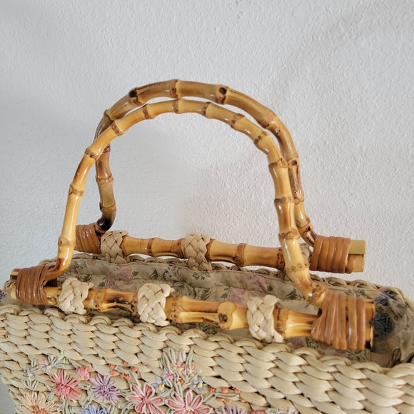 CAPPELLI STRAWORLD Raffia Floral Handbag with Bamboo Handles - Picture 10 of 11